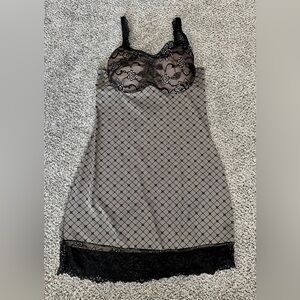 F.I.T. Size M Gray Black Plaid Lace Silky Shaper Nightie Chemise Slip